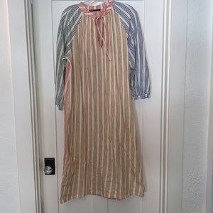 Zara striped cotton linen multicolor dress w/ tie @ neck straight loose fit